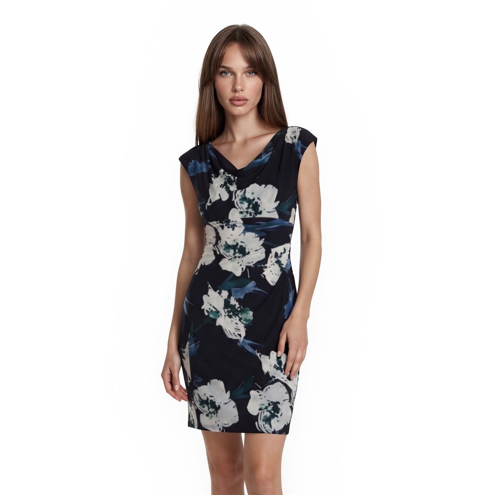 Lauren Ralph Lauren Sheath Dress Women's Size 10 Navy Blue Floral Drape Neck